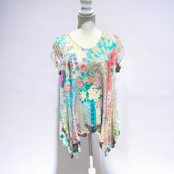 🌻Johnny Was Bohemian Short-Sleeve Silk Asymmetrical Poncho Tunic Blouse Size S - Picture 1 of 15